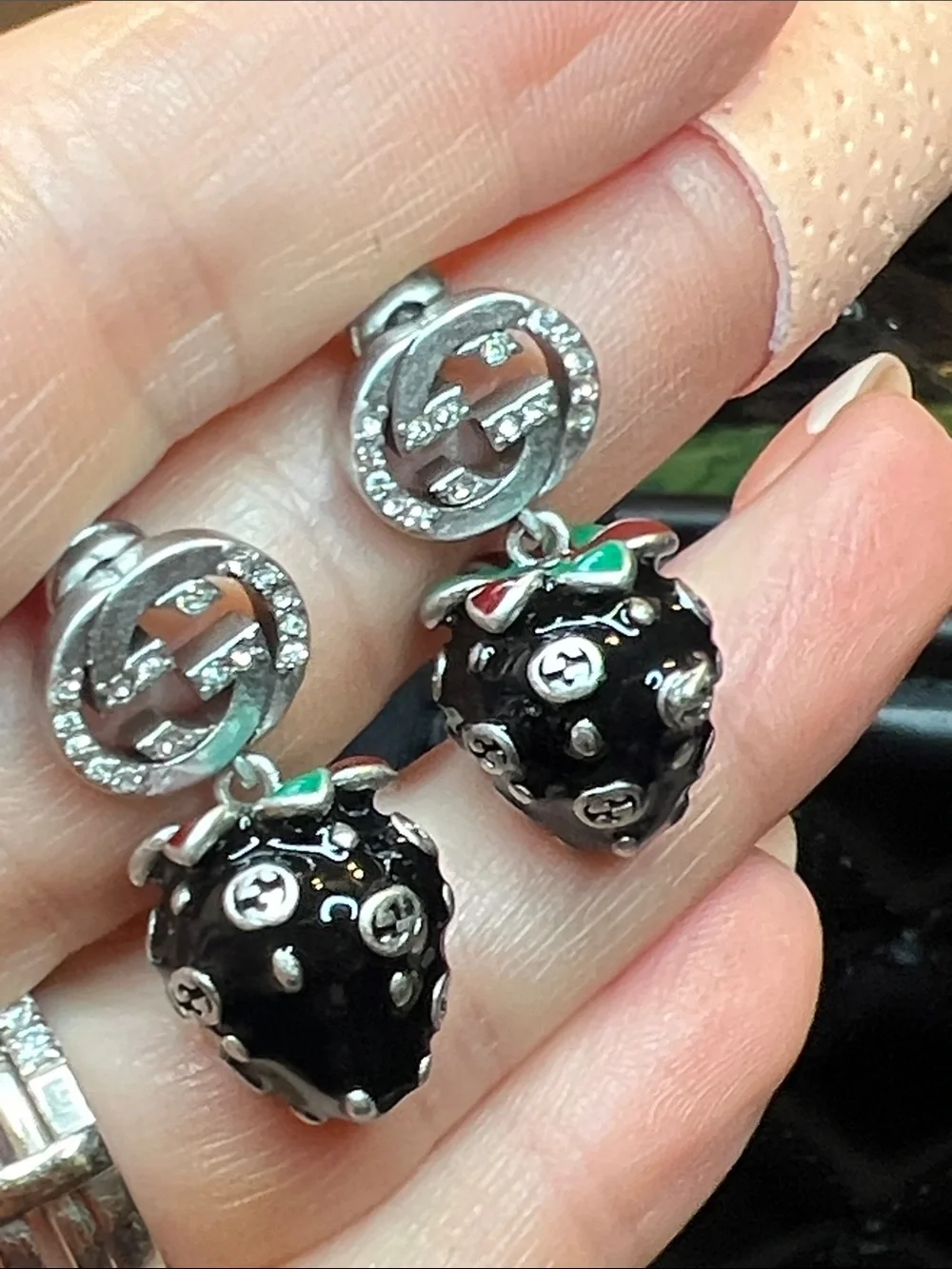 Black Enamel Strawberry Drop Earrings with Logo Accent